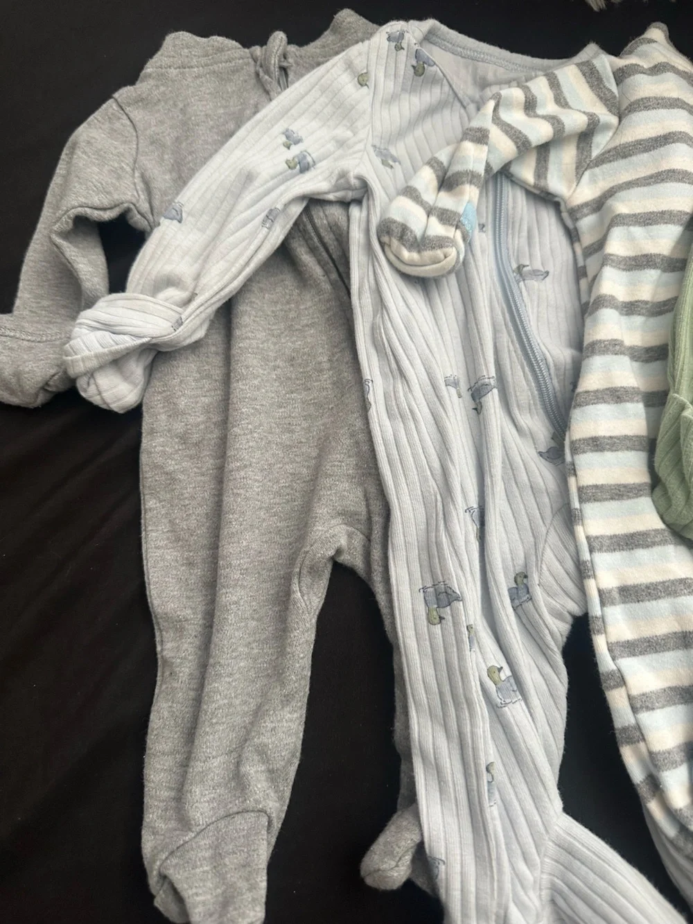 4 Newborn Baby Ribbed Footed One-Piece - Green, Gray & Ivory Stripes